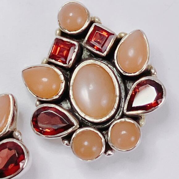 Signed Nicky Butler Sterling Silver Peach Moonstone Garnet Clip On Earrings Y2K - Picture 4 of 13